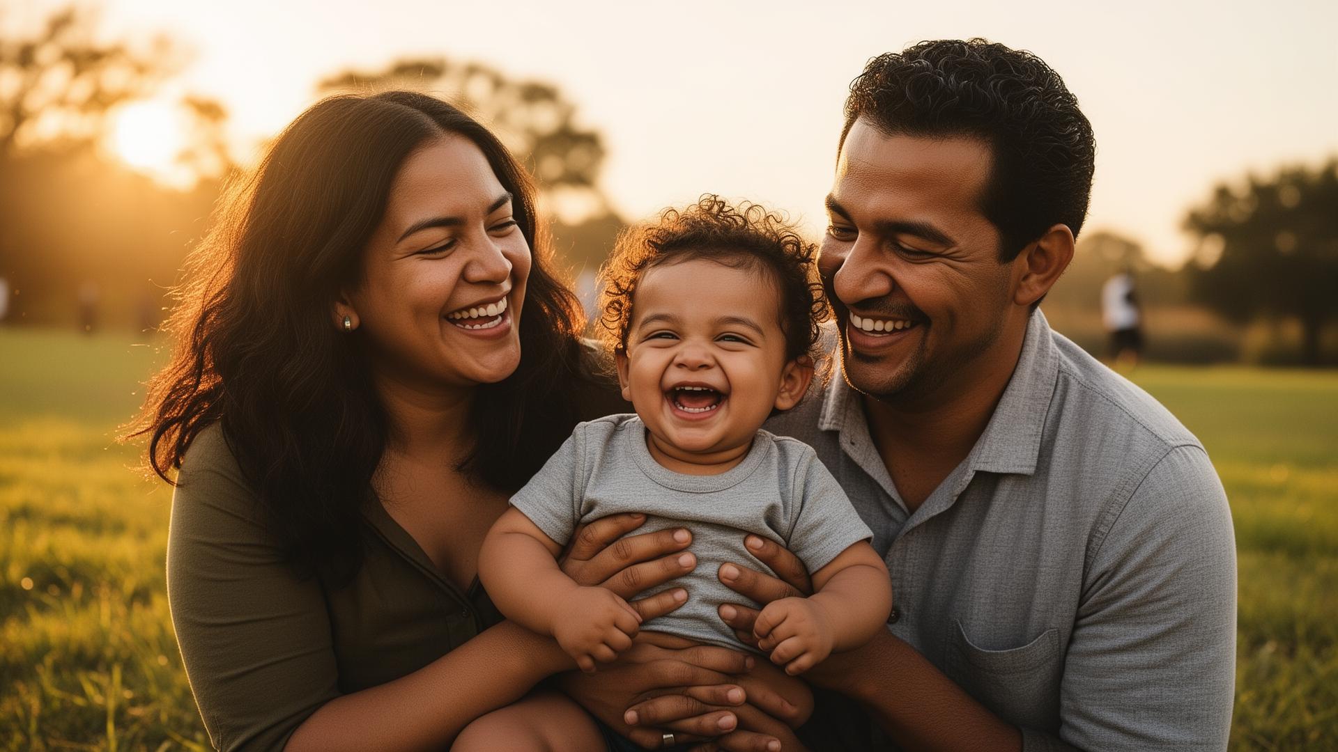 Familia feliz al atardecer